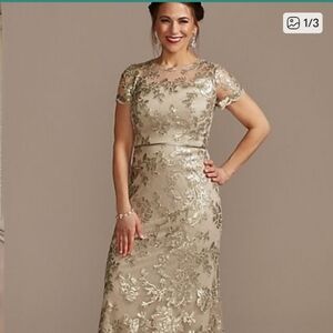 Oleg Cassini Champagne Floral Lace Evening Gown Size 10